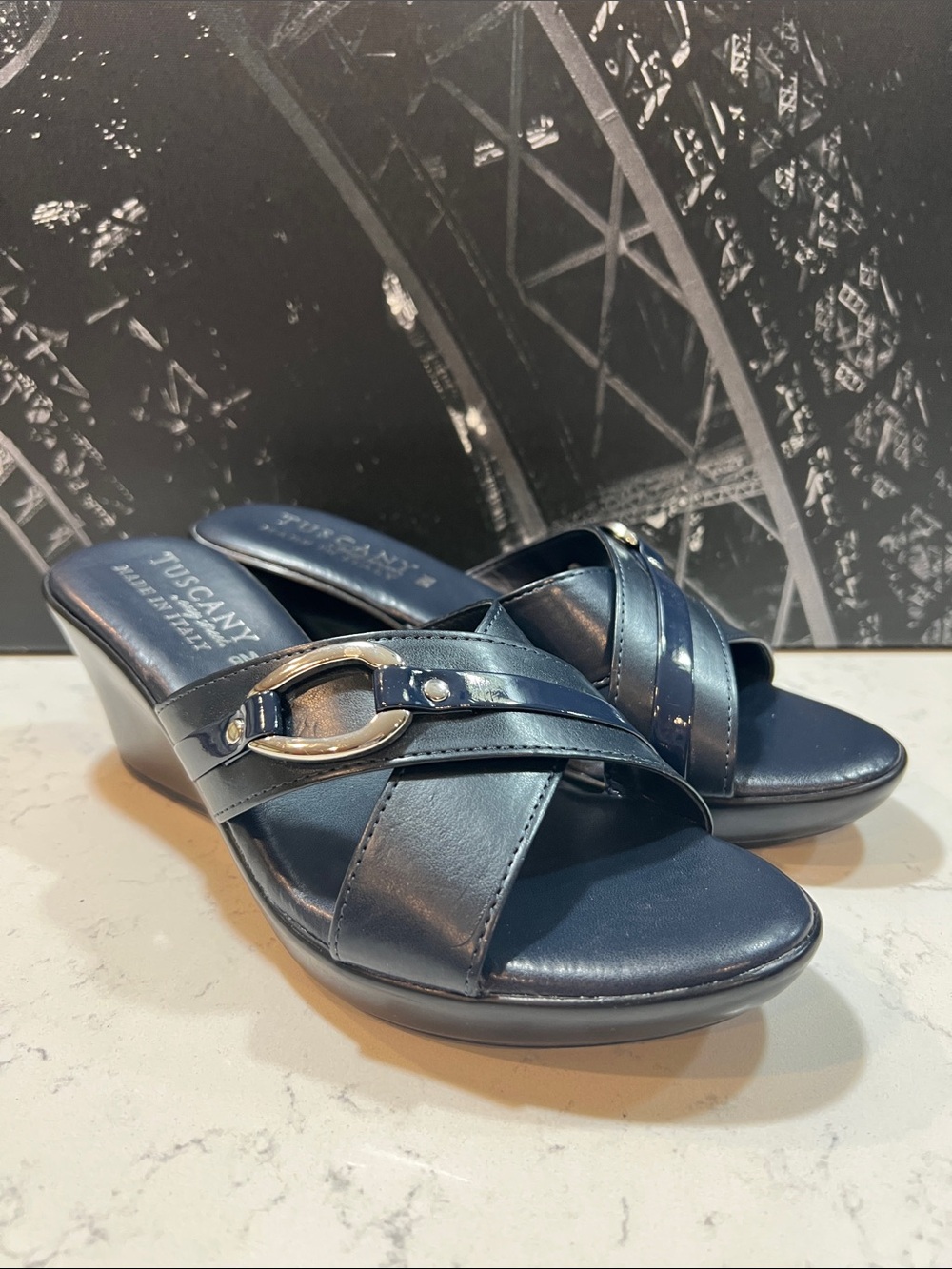 Tuscany by Easy Street Navy Blue Drusilla Wedge Sandals Size 9